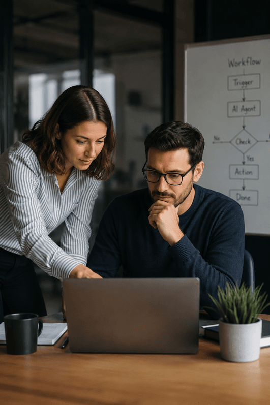 two people sharing laptop